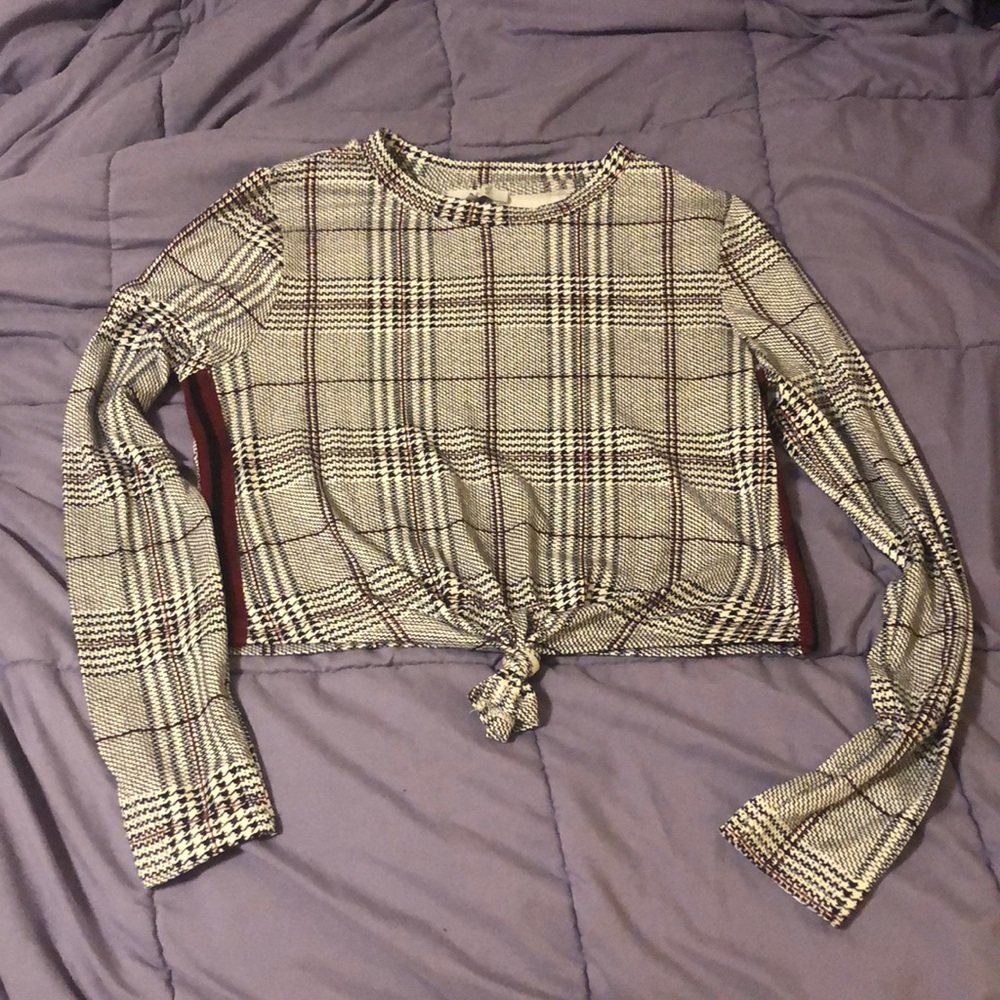 Red, white, and black plaid crop top with knot tie